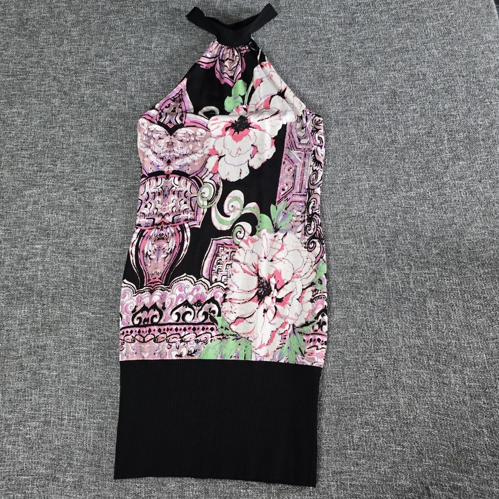 Bebe Floral Baroque Halter Mini Dress Black Pink Sleeveless Ribbed Hem Medium